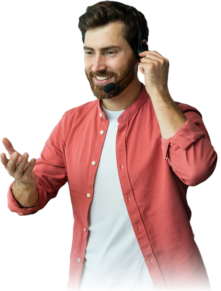 A helpdesk man speaking to an headset