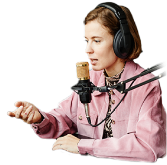 a woman speaking to a microphone with Altered Studio