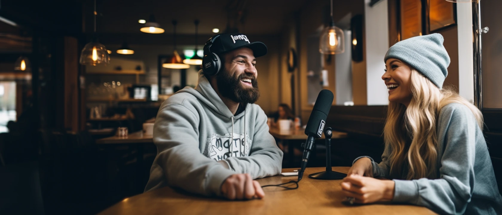A woman and a man recording a podcast in a noisy cafe