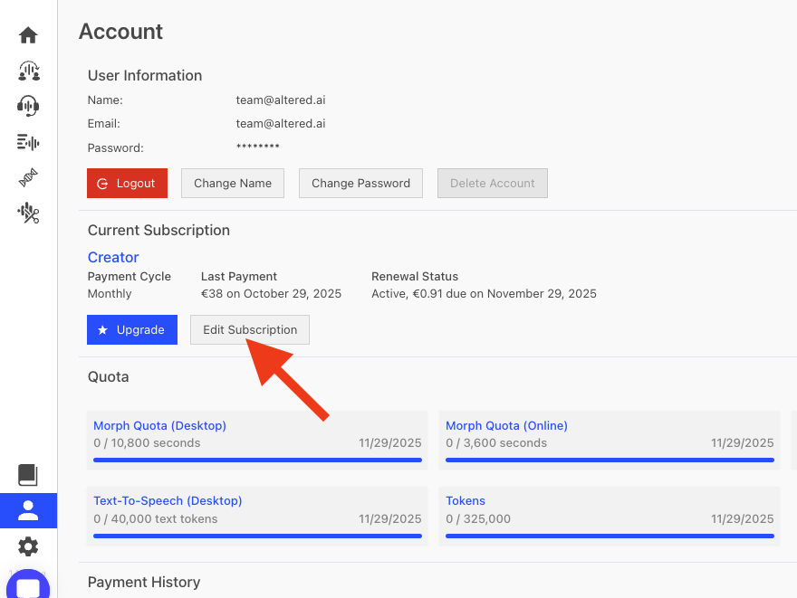 Altered Studio - Edit Subscription