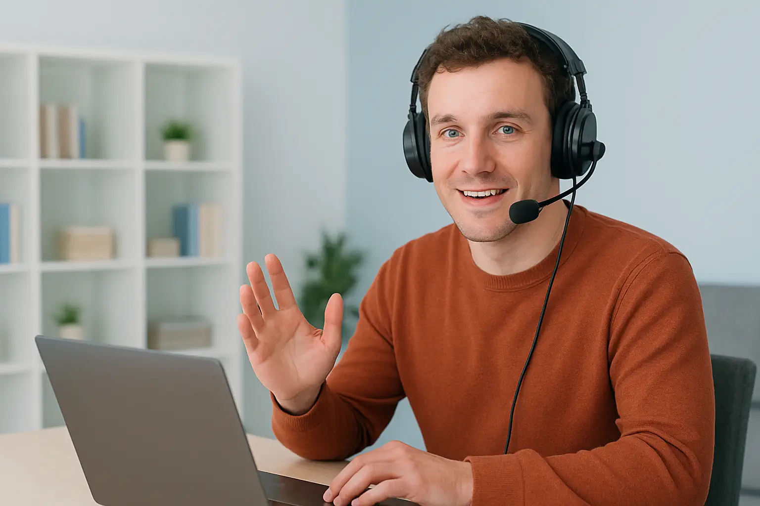 Person using laptop with headphones for enhanced voice communication