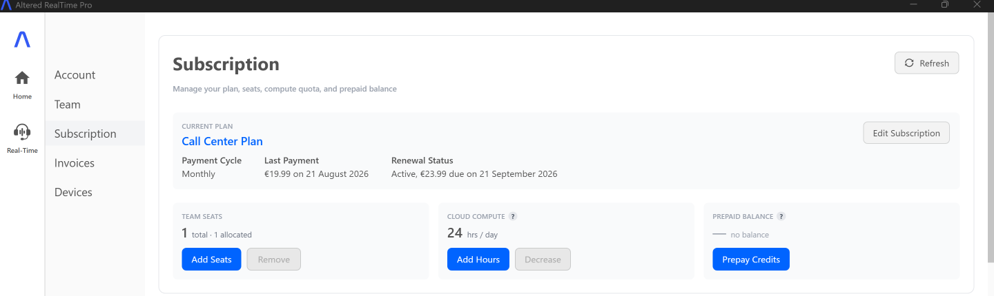 The Subscription tab in Real-Time Pro, showing current plan, payment cycle, last payment and renewal status above the seats, compute and balance controls