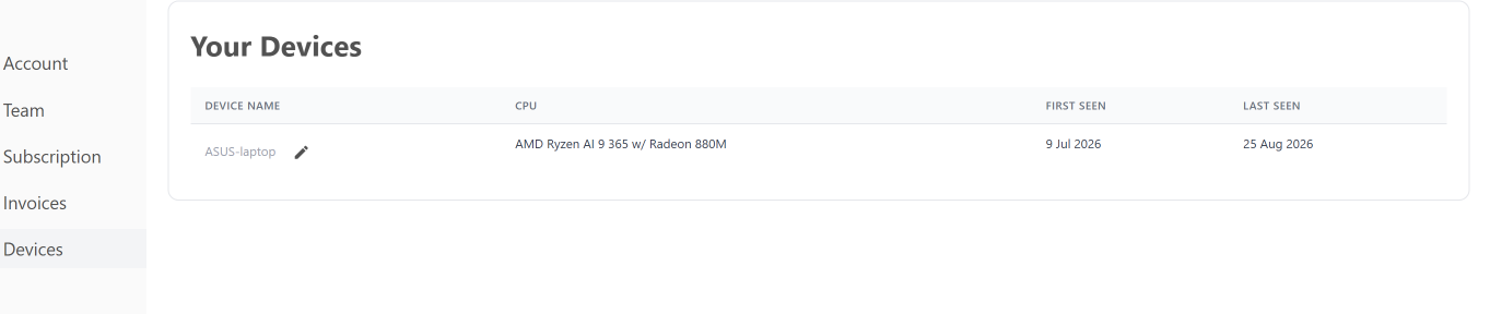 The Devices tab listing each device by name and CPU, with first-seen and last-seen dates