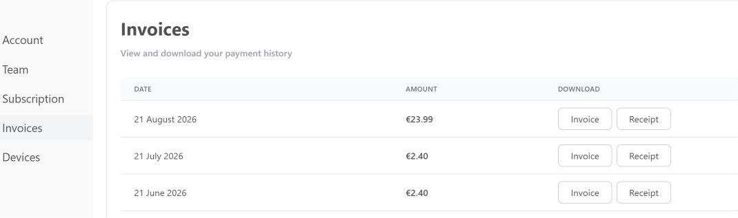 The Invoices tab listing payment history by date and amount, each row with Invoice and Receipt download buttons