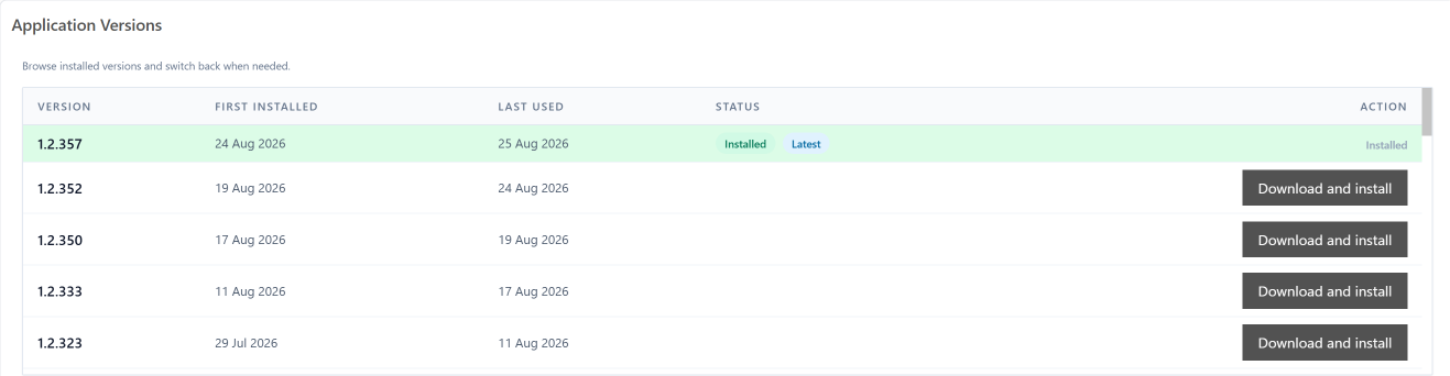 The Application Versions table listing installed builds with first-installed and last-used dates, the current build flagged Installed and Latest, and Download and install buttons on the rest