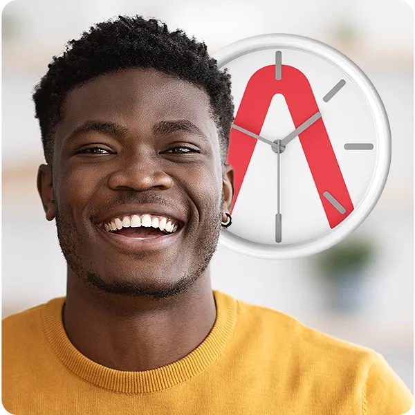 A laughing guy with an Altered branded clock in the background