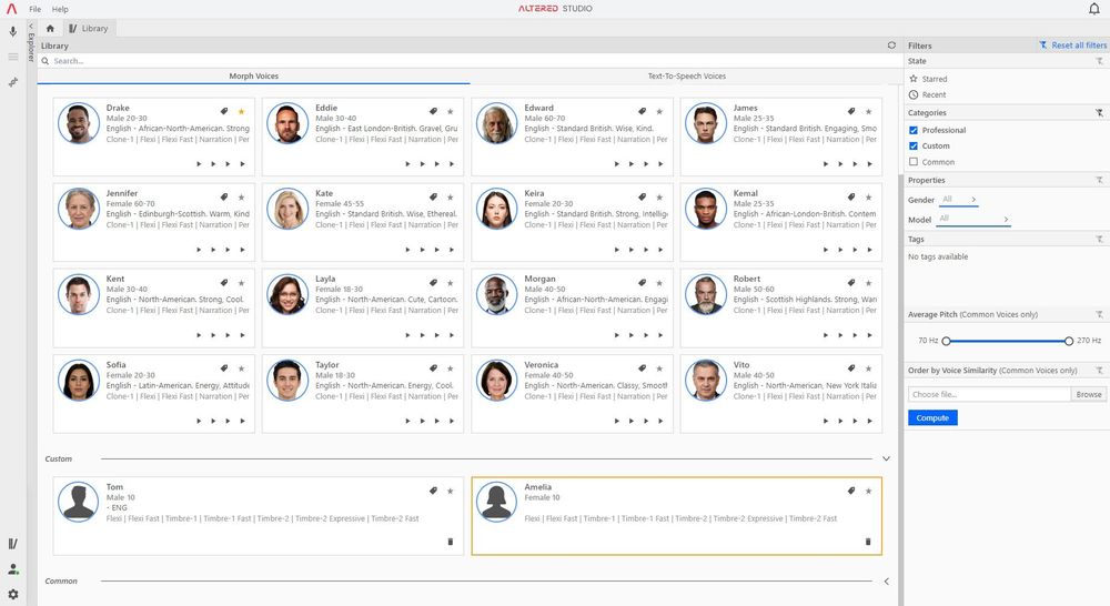 Altered Studio Custom AI Voices panel