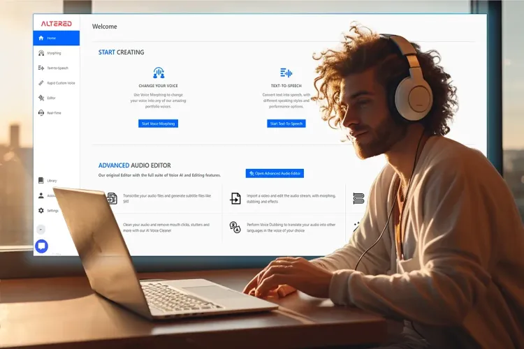 A young man working with a laptop with Altered Studio, checking out the new Change your Voice and Text-to-Speech interfaces