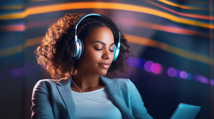 A woman with a laptop and headphones surrounded by background noise