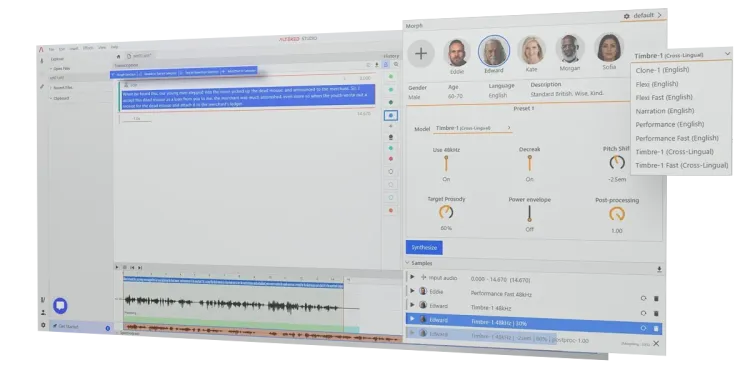 Altered Studio screenshot showing the various AI models for the voice actors Altered provides