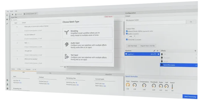 Screenshot of the Batch panel in Altered Studio to work with Voice AI in batches
