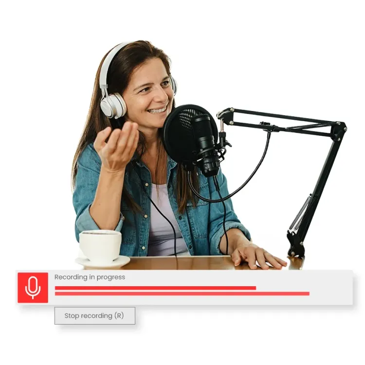 A woman recording her voice to be changed with AI