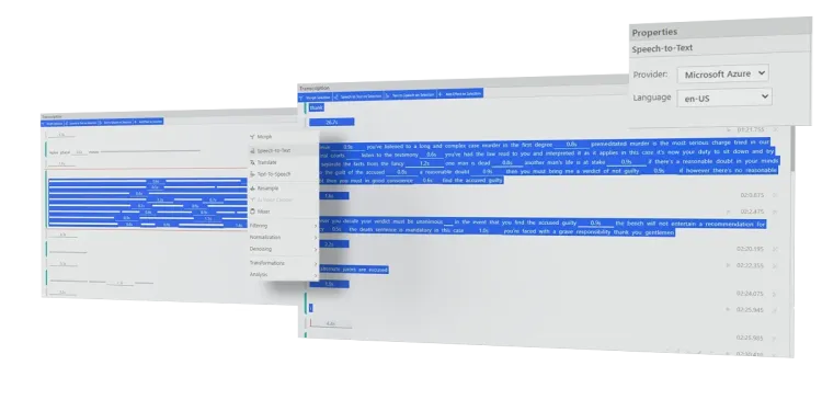 Screenshots from Altered Studio showing the AI transcription tool