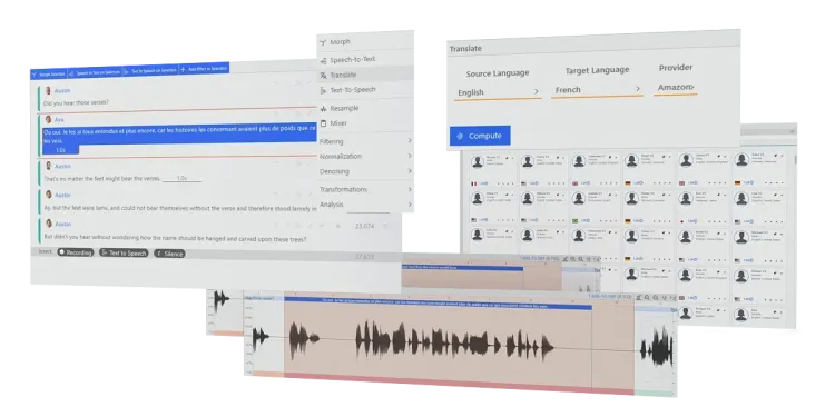 Screenshots from Altered Studio showing its translation ai tools