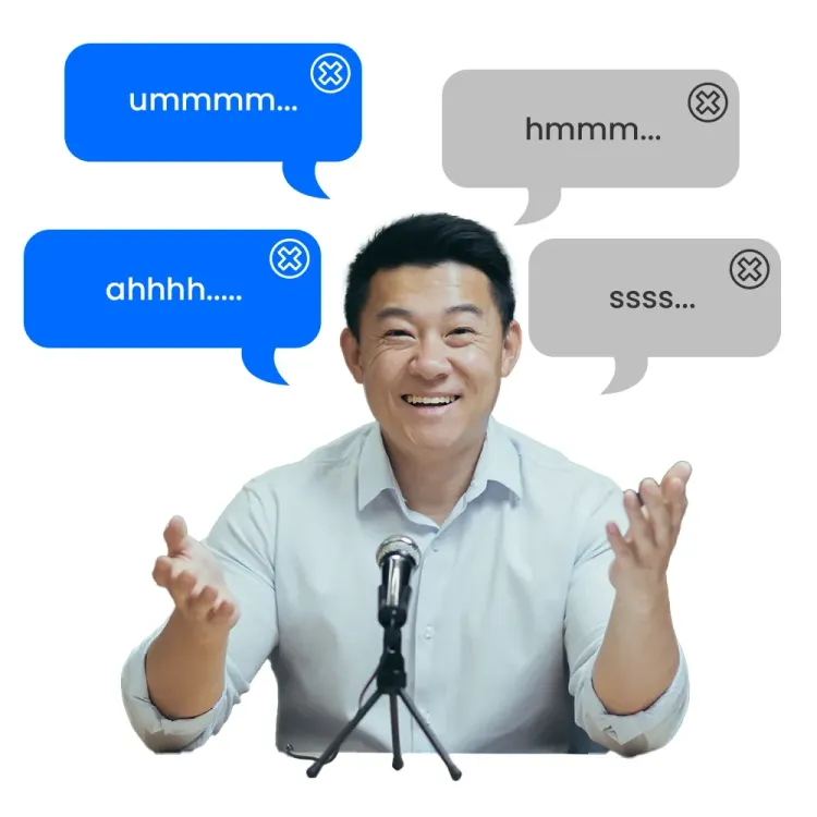 A man speaking to a microphone where his filler sounds and stuttering are identified and removed by altered studio voice ai cleaner