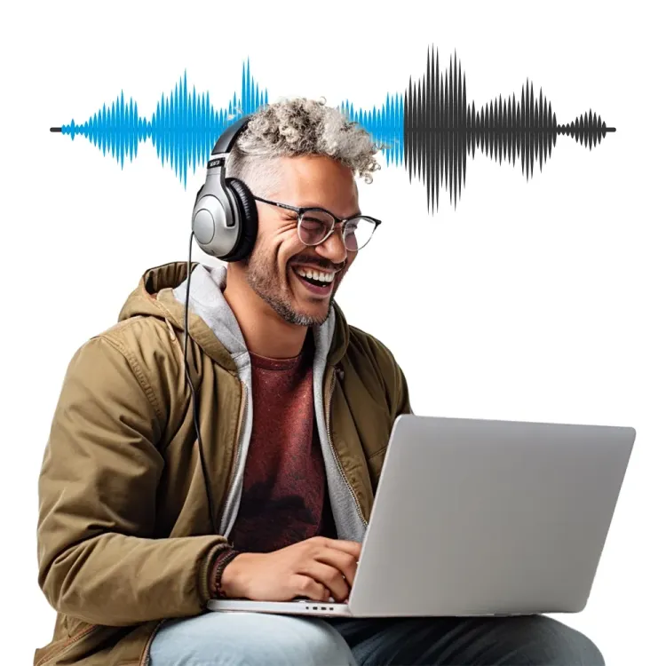A man listening to a generated ai voice clone on his laptop